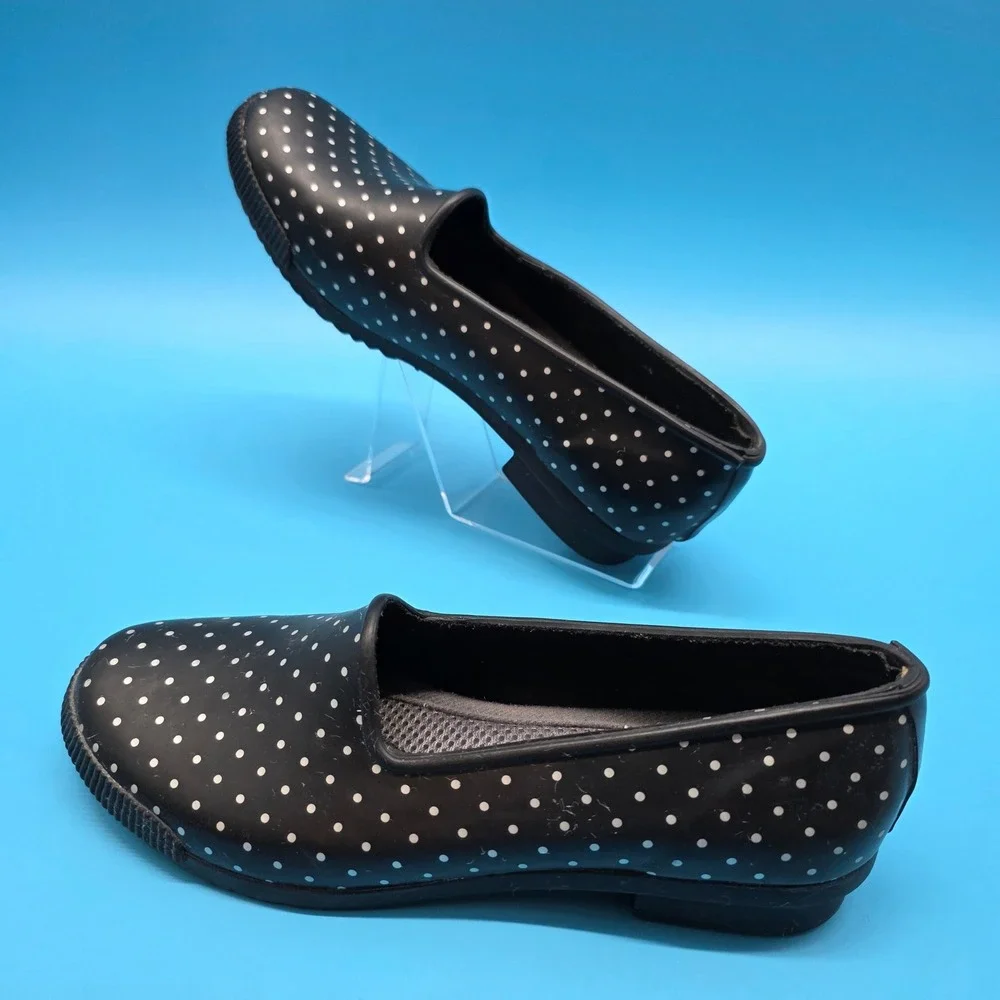 Cougar Womens Black Polka Dot Rubber Rain Shoes Slip On Waterproof Loafers 7